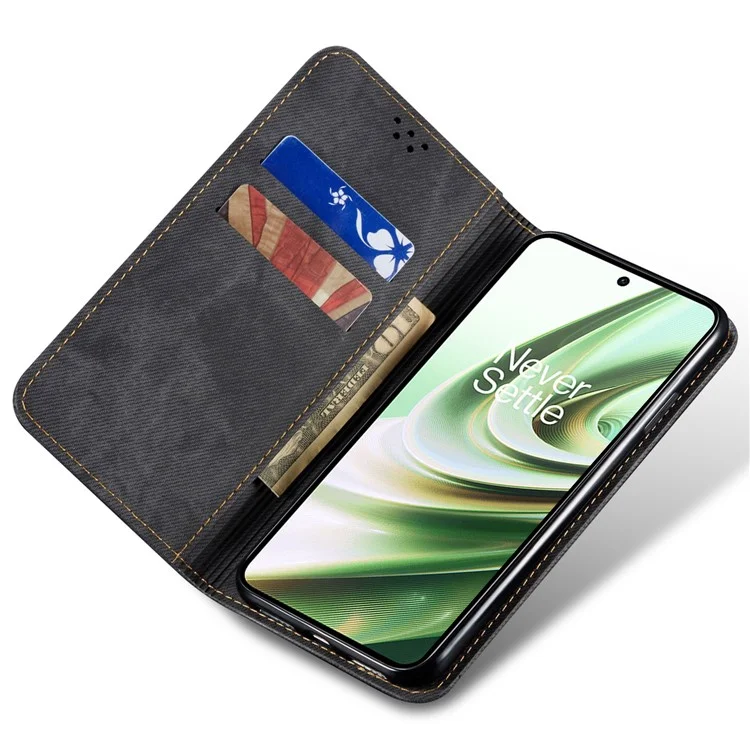 PU Leather Case for OnePlus Nord CE3 5G Stand Wallet Jeans Cloth Texture Phone Cover - Black