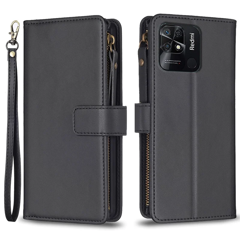 BF Style-19 for Xiaomi Redmi 10C 4G Anti-fall PU Leather Cover Wallet Stand Zippered Phone Case - Black