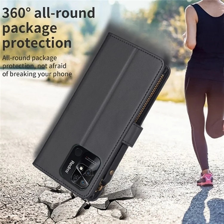BF Style-19 for Xiaomi Redmi 10C 4G Anti-fall PU Leather Cover Wallet Stand Zippered Phone Case - Black