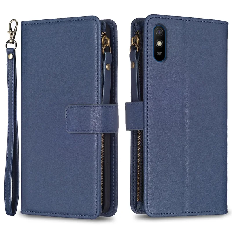 BF19 Für Xiaomi Redmi 9A Anti-Fingerabdruck Handyhülle Reißverschluss PU-Leder Wallet Stand Handyhülle - Blau
