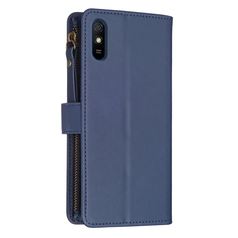 BF19 Für Xiaomi Redmi 9A Anti-Fingerabdruck Handyhülle Reißverschluss PU-Leder Wallet Stand Handyhülle - Blau