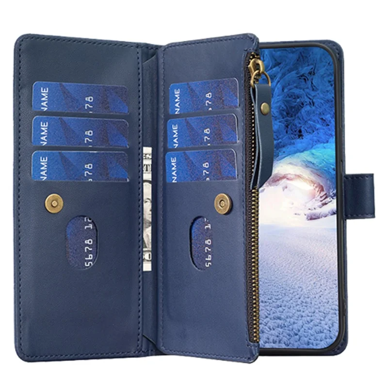 BF19 Für Xiaomi Redmi 9A Anti-Fingerabdruck Handyhülle Reißverschluss PU-Leder Wallet Stand Handyhülle - Blau