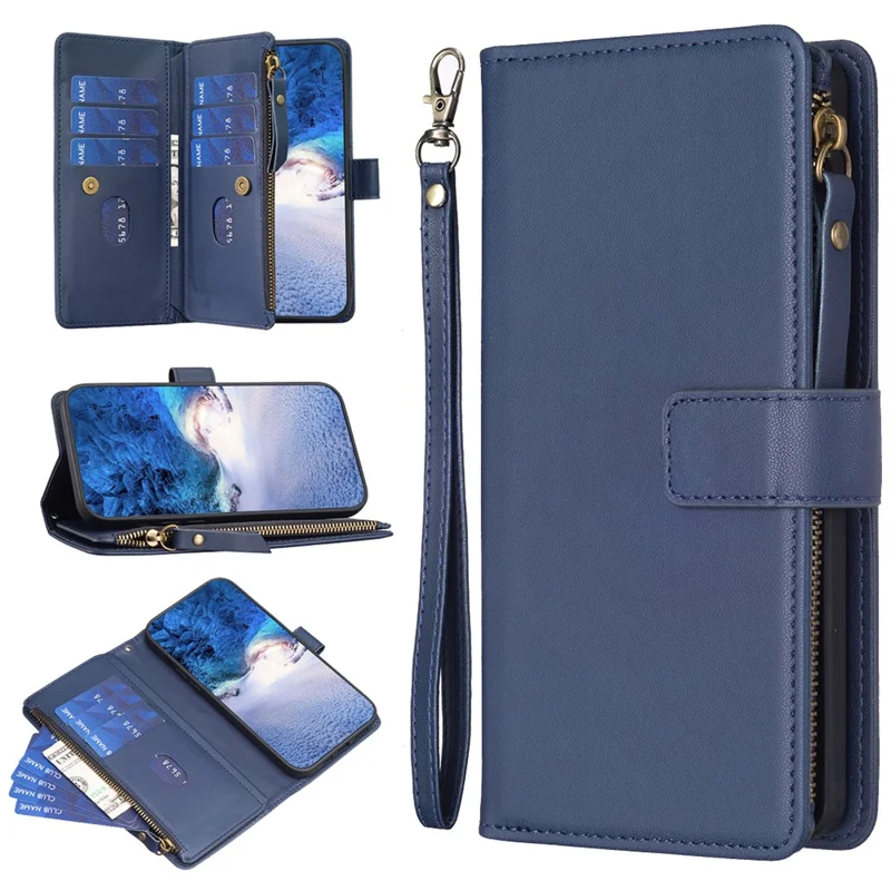 BF19 Für Xiaomi Redmi 9A Anti-Fingerabdruck Handyhülle Reißverschluss PU-Leder Wallet Stand Handyhülle - Blau