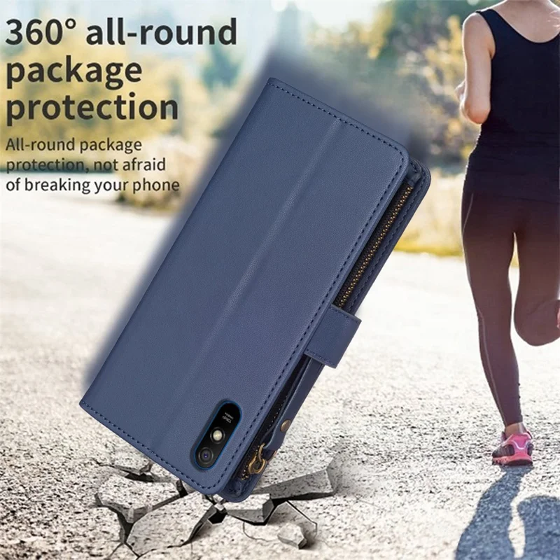 BF19 Für Xiaomi Redmi 9A Anti-Fingerabdruck Handyhülle Reißverschluss PU-Leder Wallet Stand Handyhülle - Blau