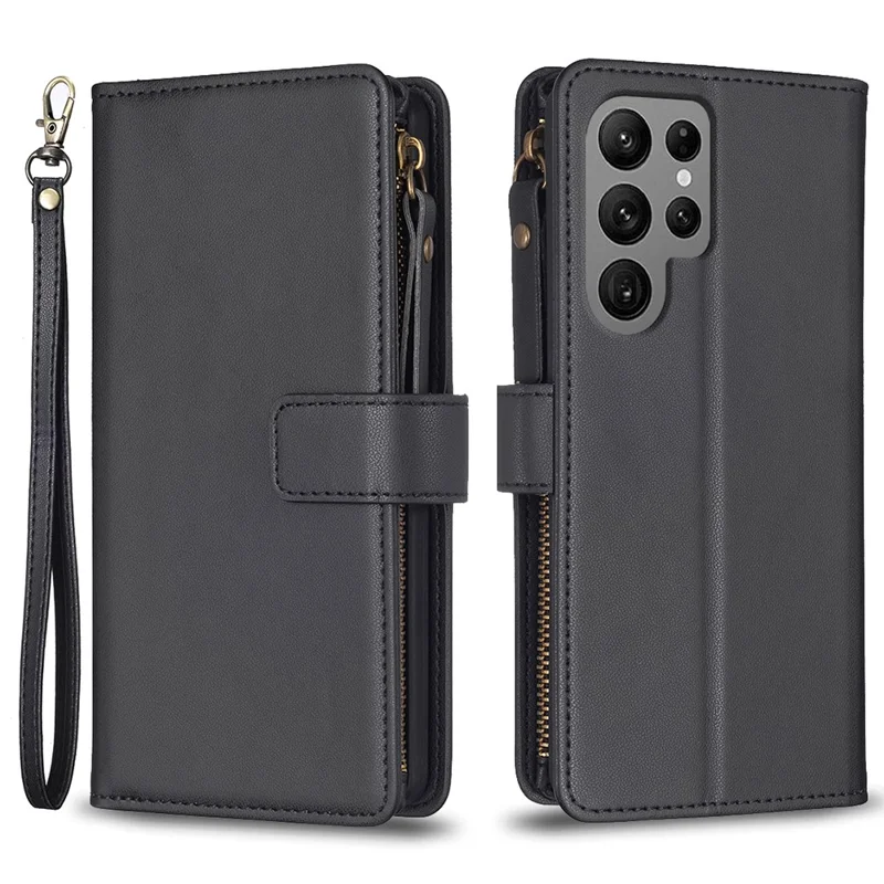 BF19 For Samsung Galaxy S23 Ultra Dustproof Phone Shell PU Leather Wallet Stand Zippered Phone Case Cover - Black