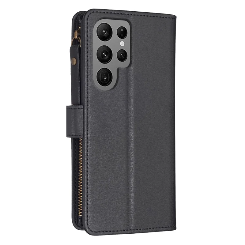 BF19 For Samsung Galaxy S23 Ultra Dustproof Phone Shell PU Leather Wallet Stand Zippered Phone Case Cover - Black