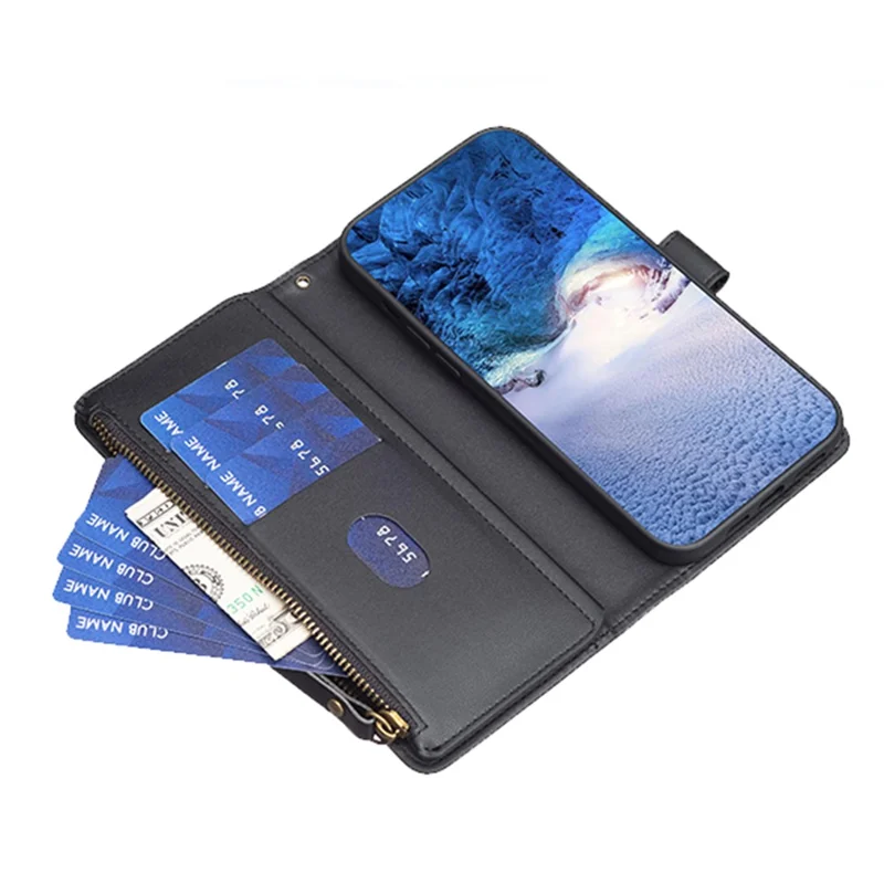 BF19 For Samsung Galaxy S23 Ultra Dustproof Phone Shell PU Leather Wallet Stand Zippered Phone Case Cover - Black