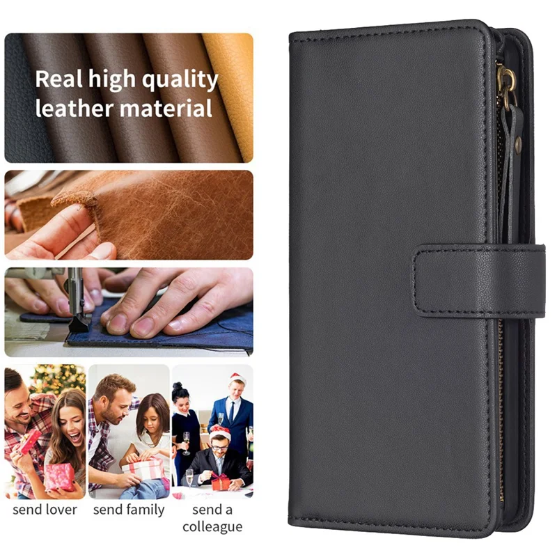 BF19 For Samsung Galaxy S23 Ultra Dustproof Phone Shell PU Leather Wallet Stand Zippered Phone Case Cover - Black