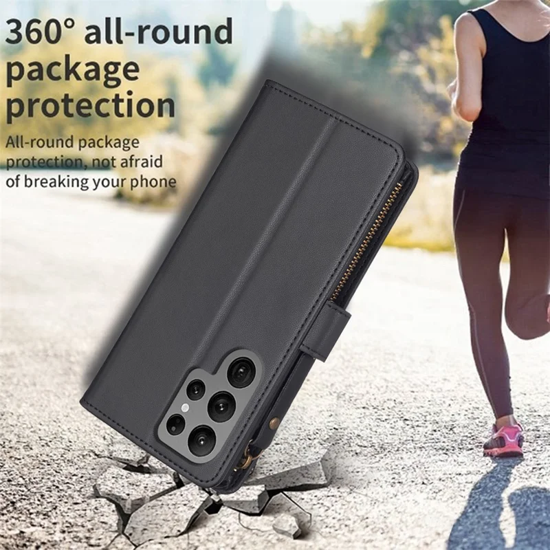 BF19 For Samsung Galaxy S23 Ultra Dustproof Phone Shell PU Leather Wallet Stand Zippered Phone Case Cover - Black