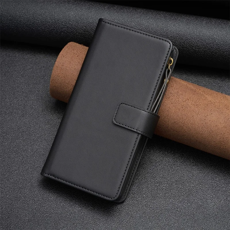 BF19 For Samsung Galaxy S23 Ultra Dustproof Phone Shell PU Leather Wallet Stand Zippered Phone Case Cover - Black
