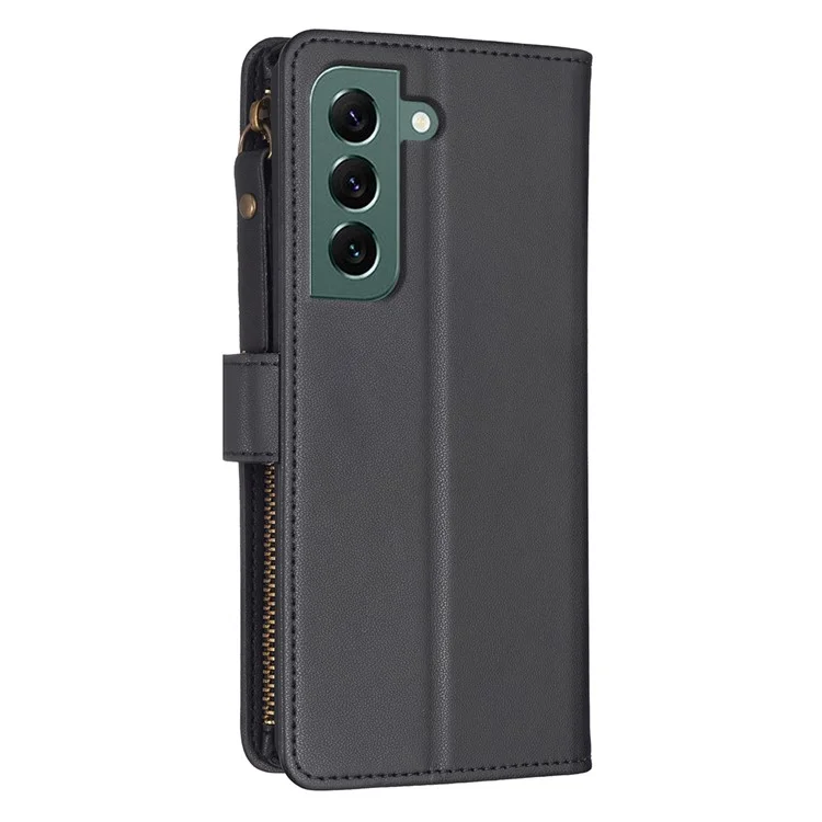 BF Style-19 para Samsung Galaxy S22+ 5G Anti-Scratch Shell Case PU Leather Wallet Stand Zippered Phone Cover - Preto