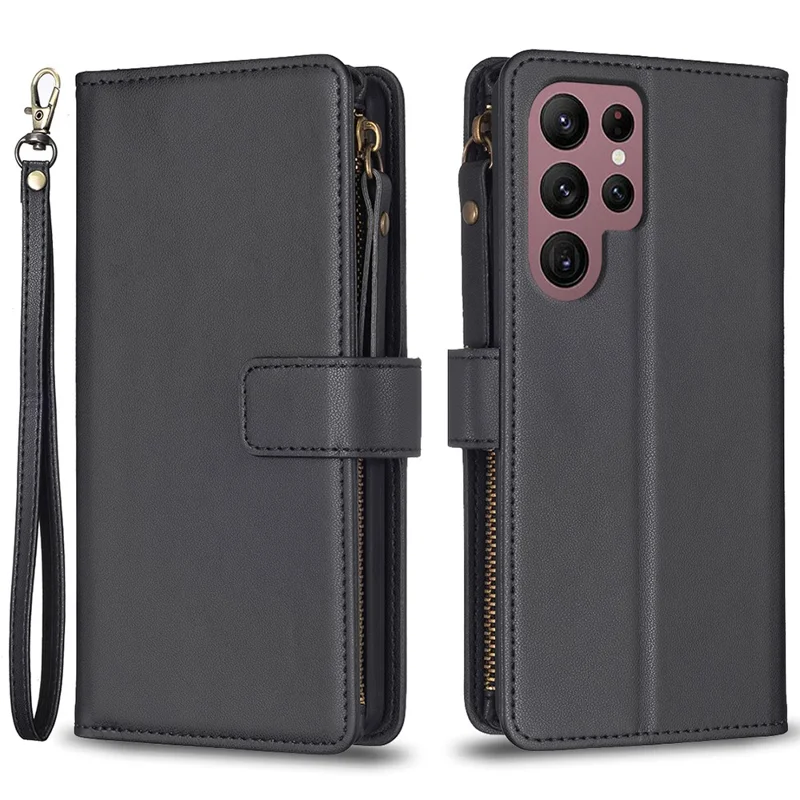 BF Style-19 for Samsung Galaxy S22 Ultra 5G Stand Design Phone Case PU Leather Wallet Zippered Phone Cover - Black