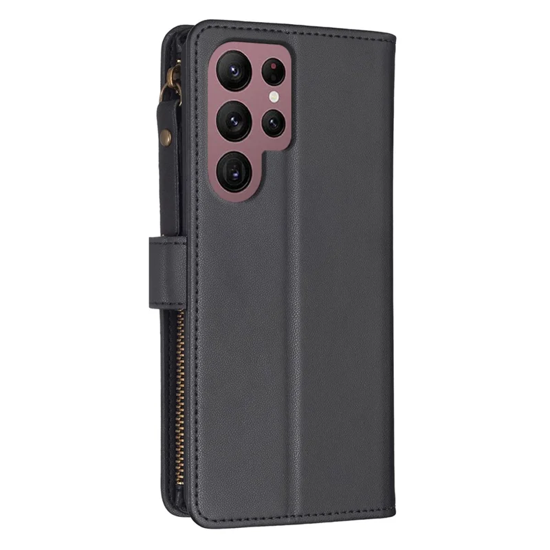 BF Style-19 for Samsung Galaxy S22 Ultra 5G Stand Design Phone Case PU Leather Wallet Zippered Phone Cover - Black