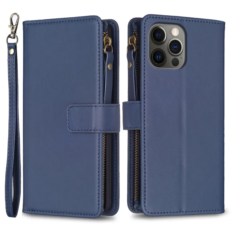 BF Style-19 for iPhone 12 / 12 Pro Anti-scratch Leather Case Zipper Pocket Stand Phone Wallet Cover - Blue
