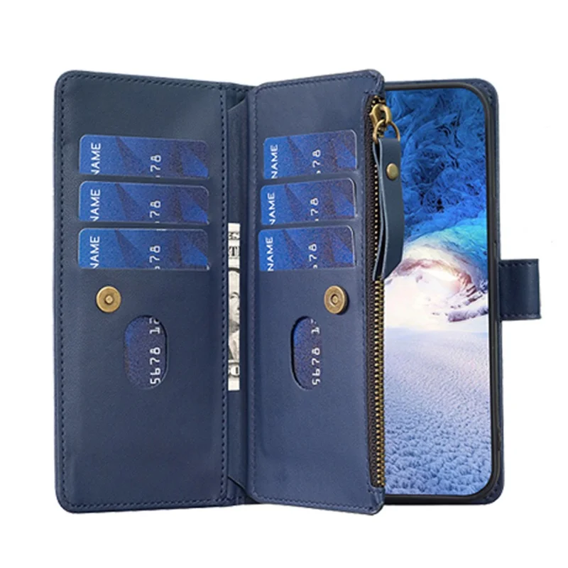 BF Style-19 for iPhone 12 / 12 Pro Anti-scratch Leather Case Zipper Pocket Stand Phone Wallet Cover - Blue