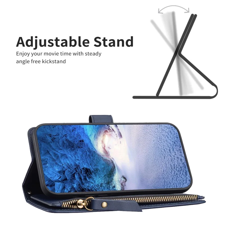BF Style-19 for iPhone 12 / 12 Pro Anti-scratch Leather Case Zipper Pocket Stand Phone Wallet Cover - Blue