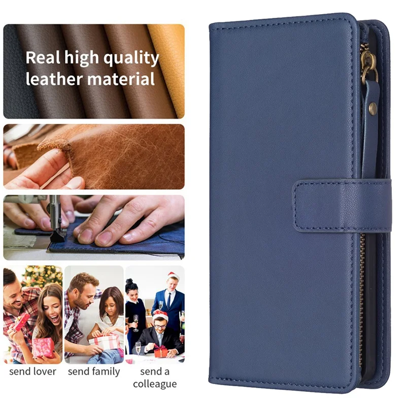 BF Style-19 for iPhone 12 / 12 Pro Anti-scratch Leather Case Zipper Pocket Stand Phone Wallet Cover - Blue