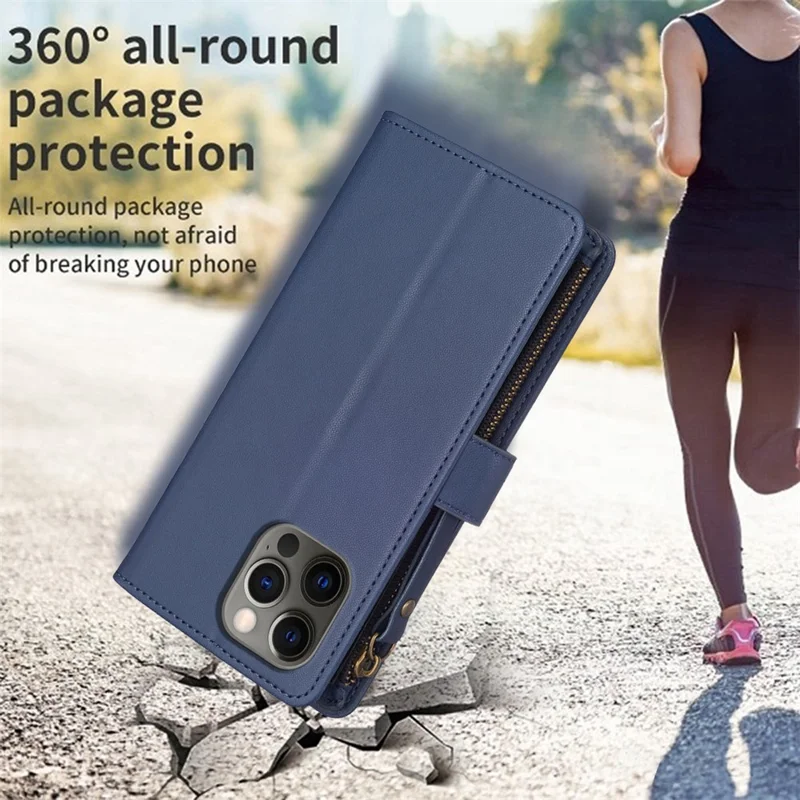 BF Style-19 for iPhone 12 / 12 Pro Anti-scratch Leather Case Zipper Pocket Stand Phone Wallet Cover - Blue