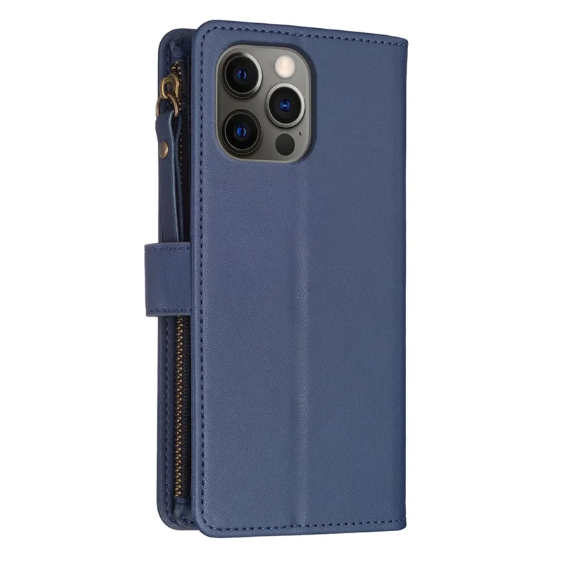 BF Style-19 for iPhone 12 / 12 Pro Anti-scratch Leather Case Zipper Pocket Stand Phone Wallet Cover - Blue