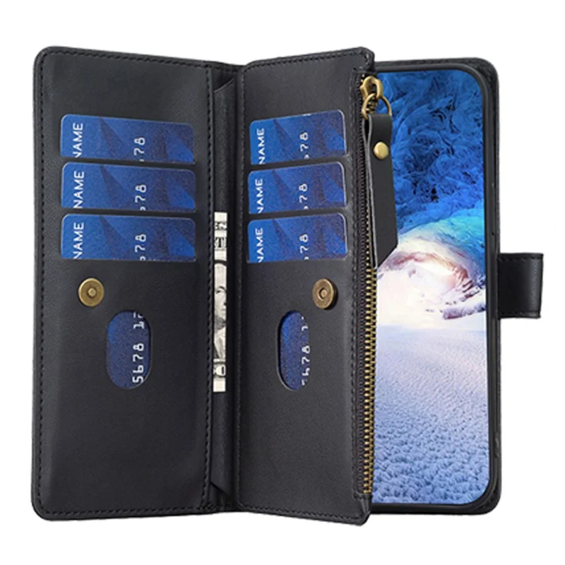 BF Style-19 for iPhone 12 / 12 Pro Anti-scratch Leather Case Zipper Pocket Stand Phone Wallet Cover - Black