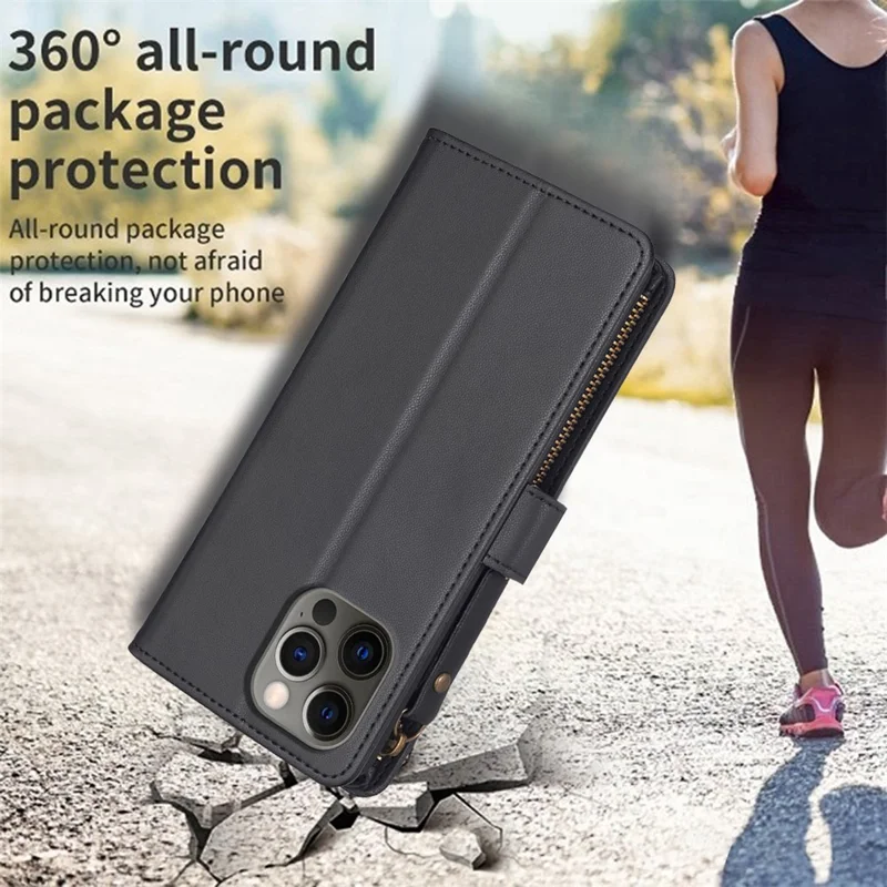 BF Style-19 for iPhone 12 / 12 Pro Anti-scratch Leather Case Zipper Pocket Stand Phone Wallet Cover - Black