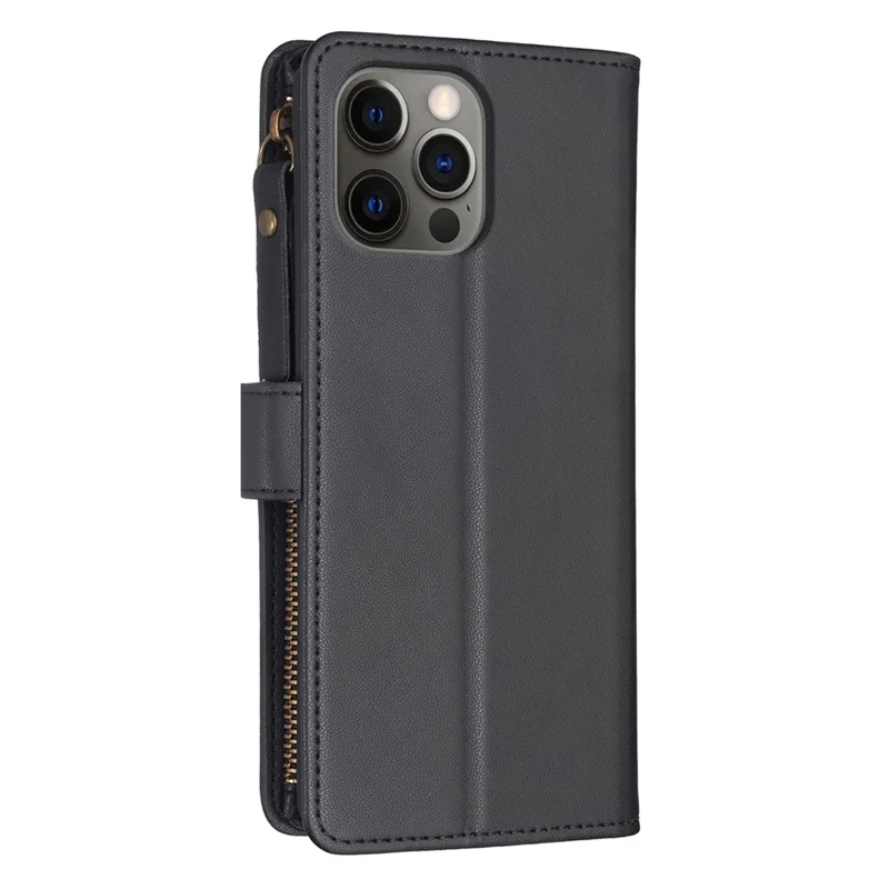 BF Style-19 for iPhone 12 / 12 Pro Anti-scratch Leather Case Zipper Pocket Stand Phone Wallet Cover - Black