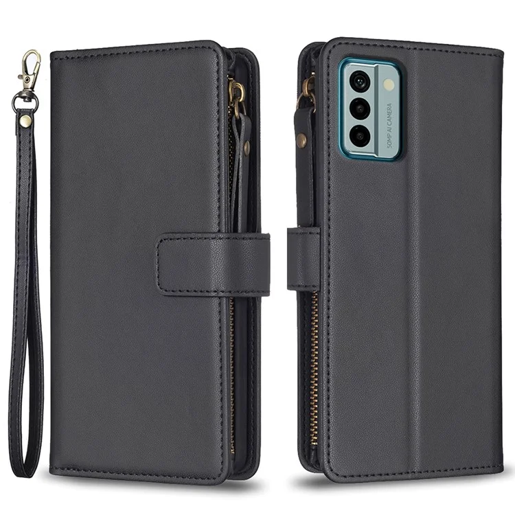 BF Style-19 Phone Case for Nokia G22 , Anti-Scratch Leather Shell Zippered Wallet Stand Cover - Black