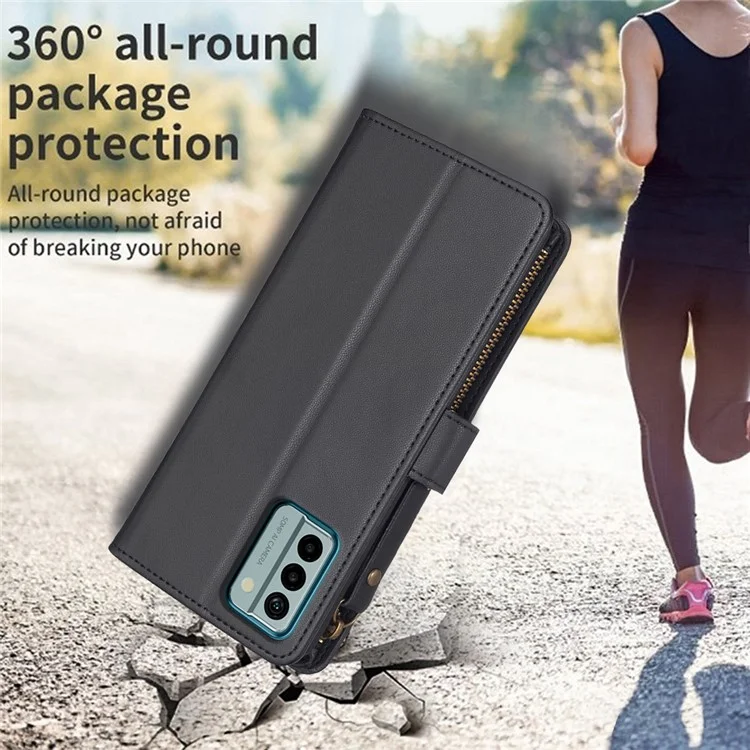 BF Style-19 Phone Case for Nokia G22 , Anti-Scratch Leather Shell Zippered Wallet Stand Cover - Black
