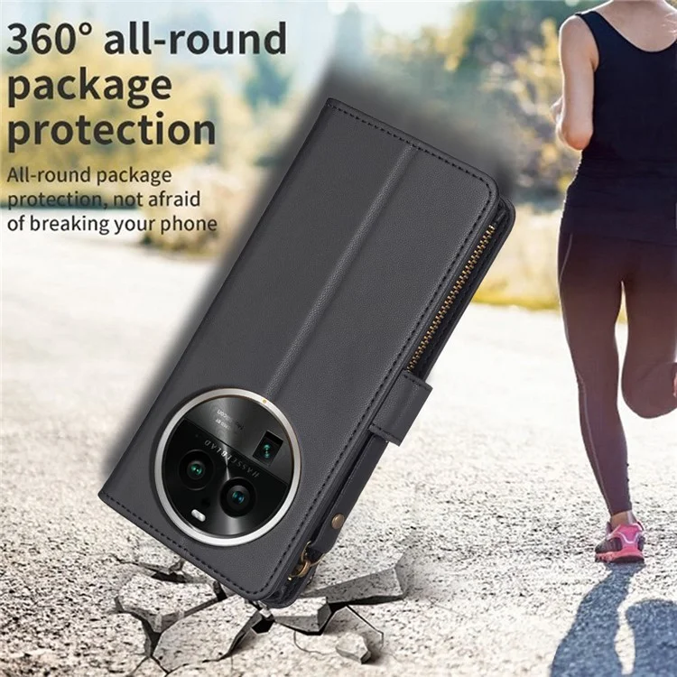 BF Style-19 для Oppo Find X6 Pro PU Leather Cell Phone Case Wallet Stand Cover with Zipper Pocket - Черный