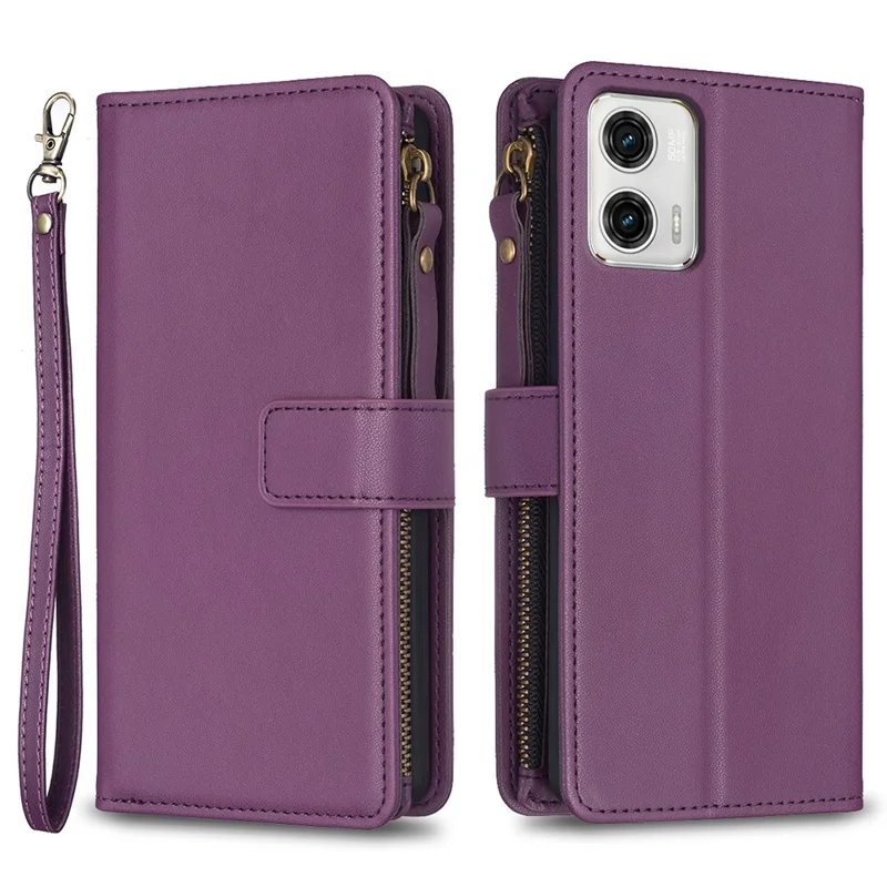 BF19 For Motorola Moto G73 5G Smartphone Case Anti-Scratch Shell PU Leather Wallet Stand Zippered Phone Cover - Dark Purple