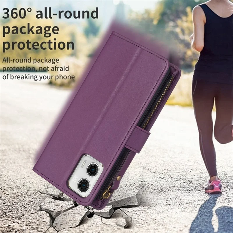 BF19 For Motorola Moto G73 5G Smartphone Case Anti-Scratch Shell PU Leather Wallet Stand Zippered Phone Cover - Dark Purple