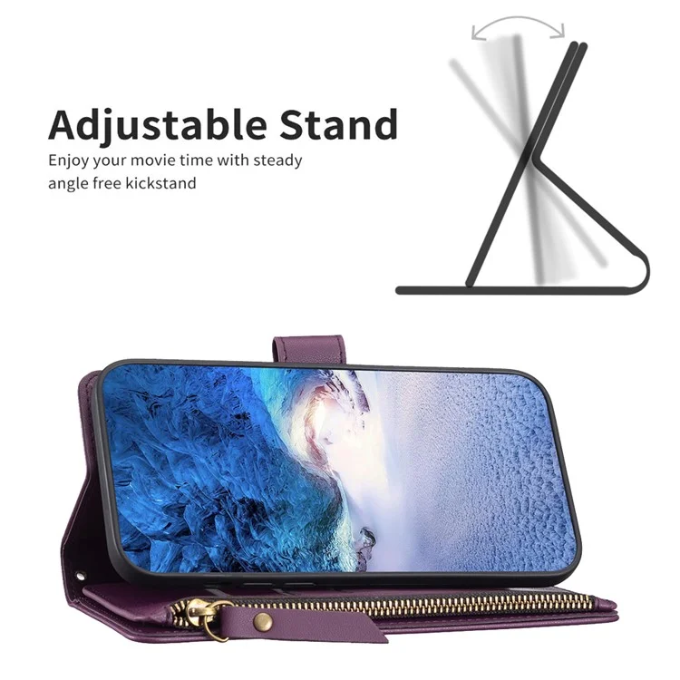 BF19 Für Motorola Moto E13 4G Staubdichtes PU-Leder-Handy-Schalen-Brieftasche Ständer Reißverschluss Handyhülle - Dunkel Lila