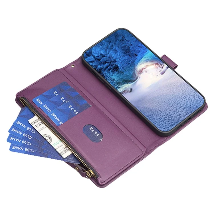 BF19 Für Motorola Moto E13 4G Staubdichtes PU-Leder-Handy-Schalen-Brieftasche Ständer Reißverschluss Handyhülle - Dunkel Lila