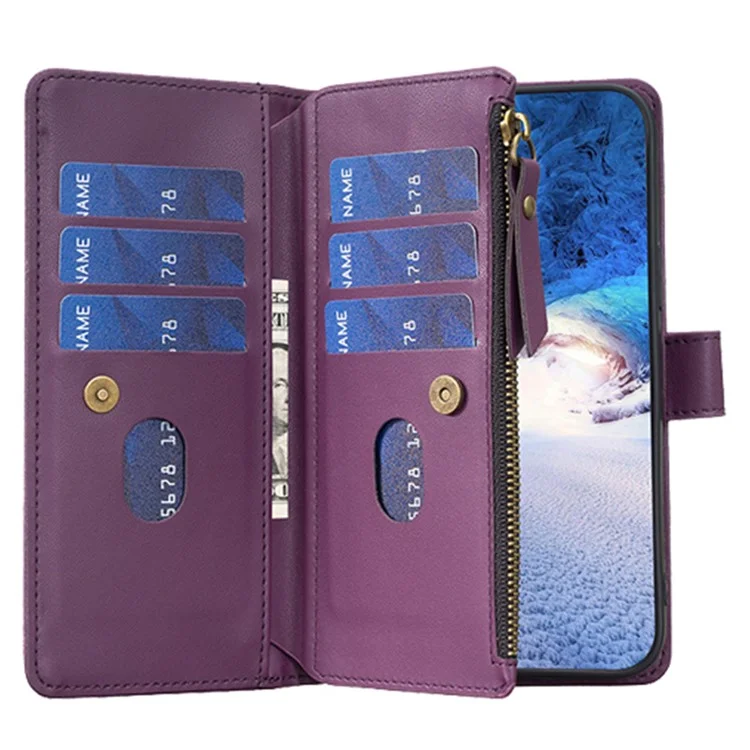 BF19 Für Motorola Moto E13 4G Staubdichtes PU-Leder-Handy-Schalen-Brieftasche Ständer Reißverschluss Handyhülle - Dunkel Lila