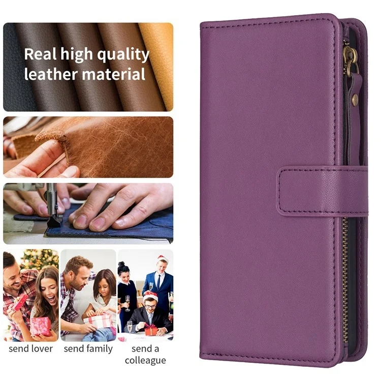 BF19 Für Motorola Moto E13 4G Staubdichtes PU-Leder-Handy-Schalen-Brieftasche Ständer Reißverschluss Handyhülle - Dunkel Lila