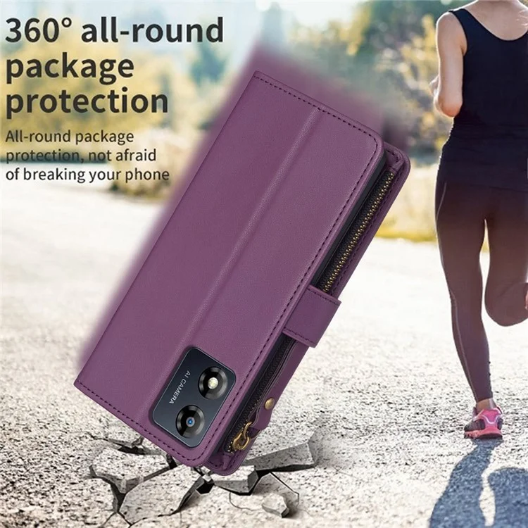 BF19 Für Motorola Moto E13 4G Staubdichtes PU-Leder-Handy-Schalen-Brieftasche Ständer Reißverschluss Handyhülle - Dunkel Lila