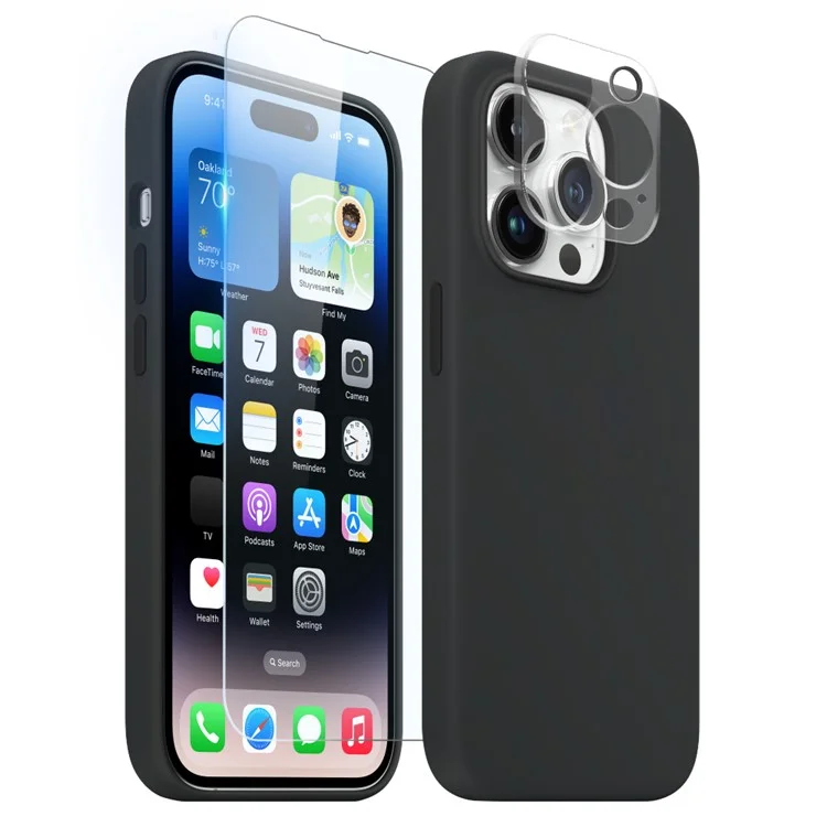 NORTHJO For iPhone 14 Pro Magnetic Silicone Phone Case with Tempered Glass Film+Camera Lens Protector - Black