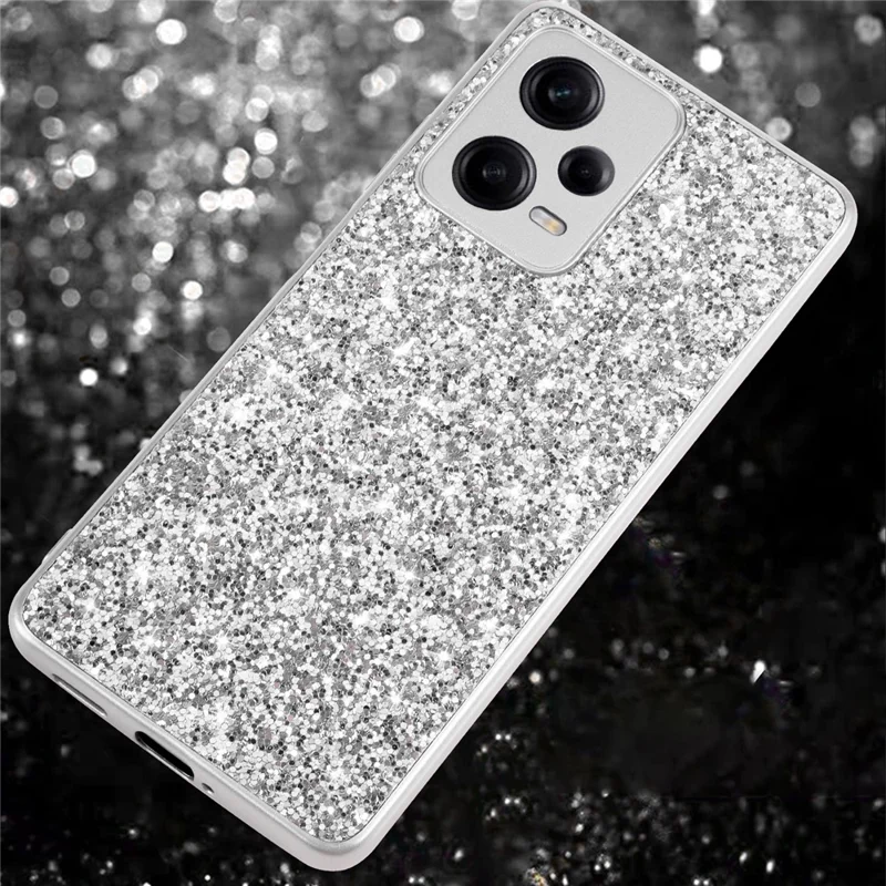For Xiaomi Redmi Note 12 Pro 5G Glitter Sequins Phone Case Electroplating TPU Frame Back PC Shockproof Cover - Silver