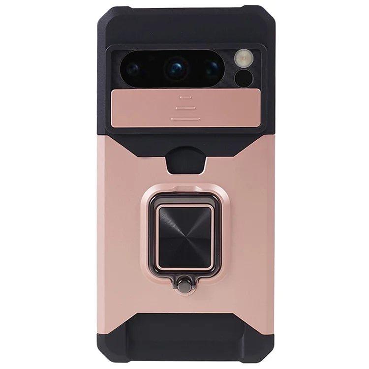 For Google Pixel 8 Pro Kickstand Case Card Holder PC+TPU Phone Cover with Slide Lens Protector - Rose Gold
