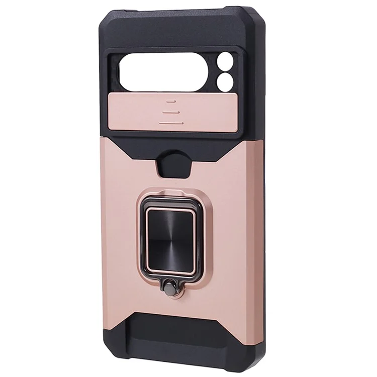 For Google Pixel 8 Pro Kickstand Case Card Holder PC+TPU Phone Cover with Slide Lens Protector - Rose Gold