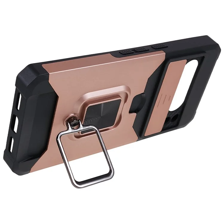 For Google Pixel 8 Pro Kickstand Case Card Holder PC+TPU Phone Cover with Slide Lens Protector - Rose Gold