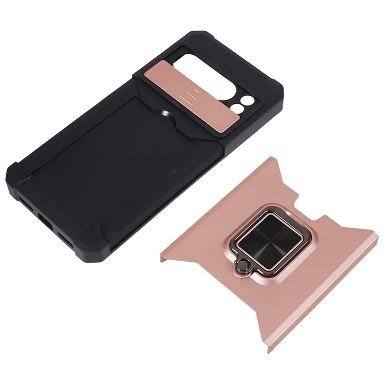 For Google Pixel 8 Pro Kickstand Case Card Holder PC+TPU Phone Cover with Slide Lens Protector - Rose Gold