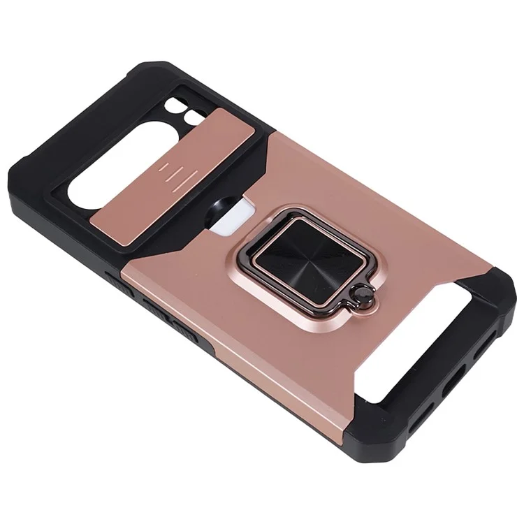 For Google Pixel 8 Pro Kickstand Case Card Holder PC+TPU Phone Cover with Slide Lens Protector - Rose Gold