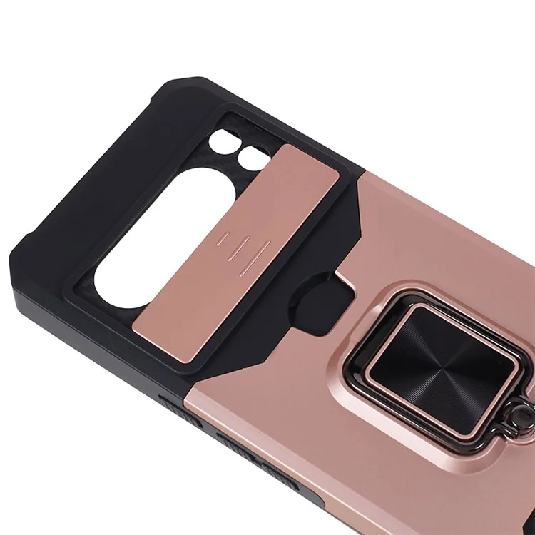 For Google Pixel 8 Pro Kickstand Case Card Holder PC+TPU Phone Cover with Slide Lens Protector - Rose Gold