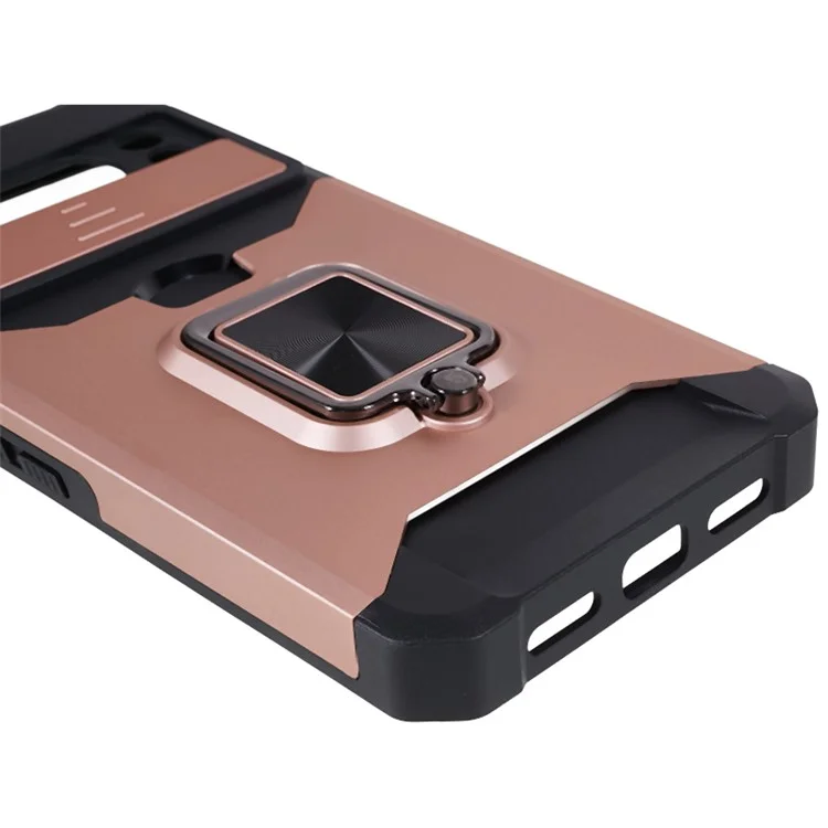 For Google Pixel 8 Pro Kickstand Case Card Holder PC+TPU Phone Cover with Slide Lens Protector - Rose Gold