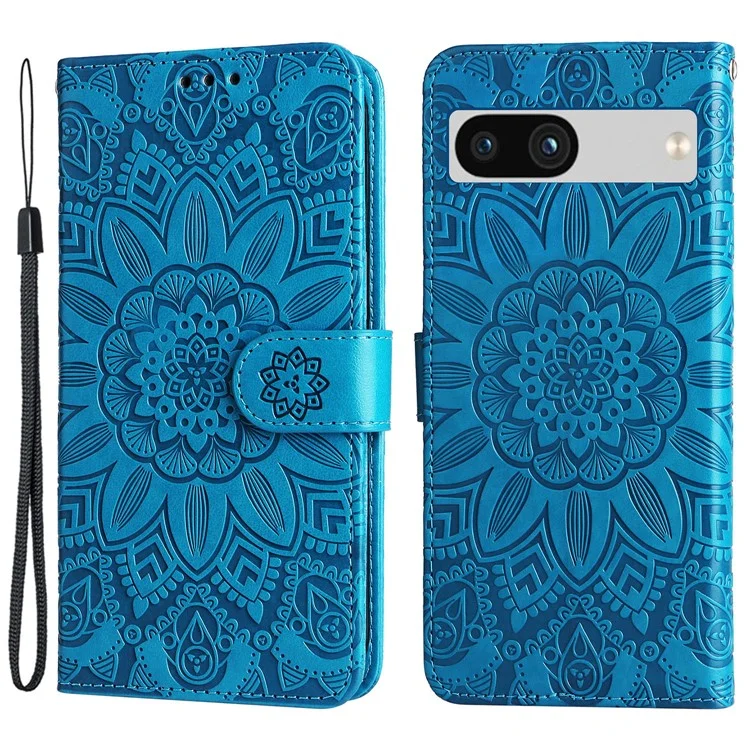 For Google Pixel 7a PU Leather Phone Case Imprinted Sunflower Flip Stand Wallet Cover - Blue