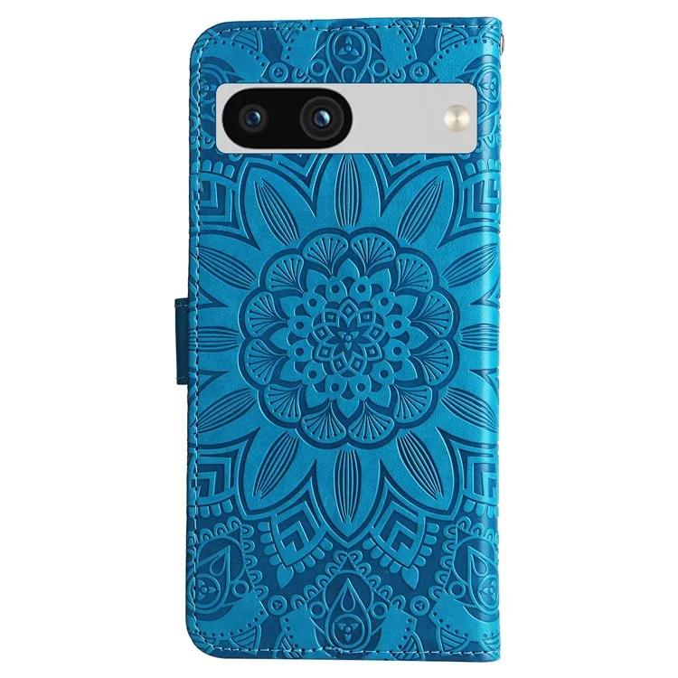 For Google Pixel 7a PU Leather Phone Case Imprinted Sunflower Flip Stand Wallet Cover - Blue