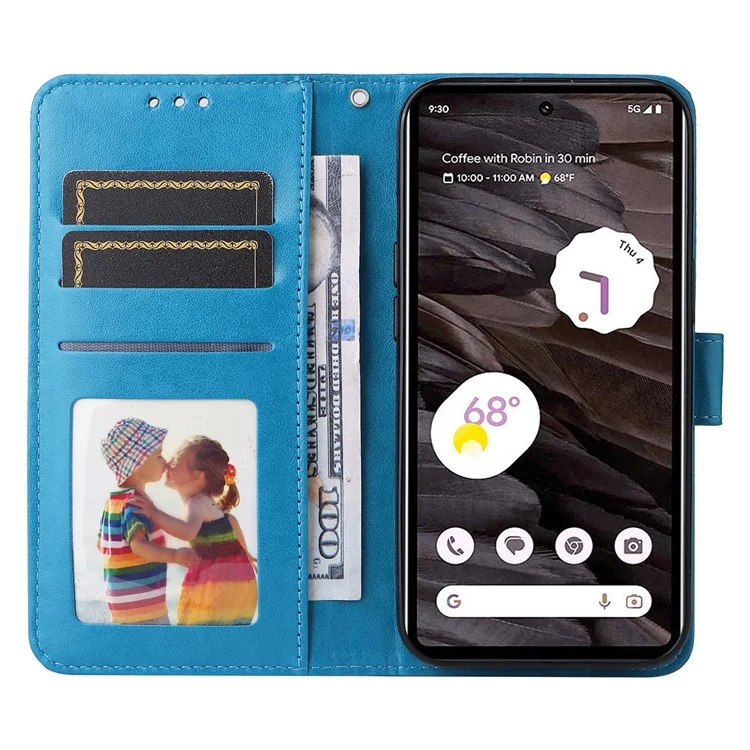 For Google Pixel 7a PU Leather Phone Case Imprinted Sunflower Flip Stand Wallet Cover - Blue