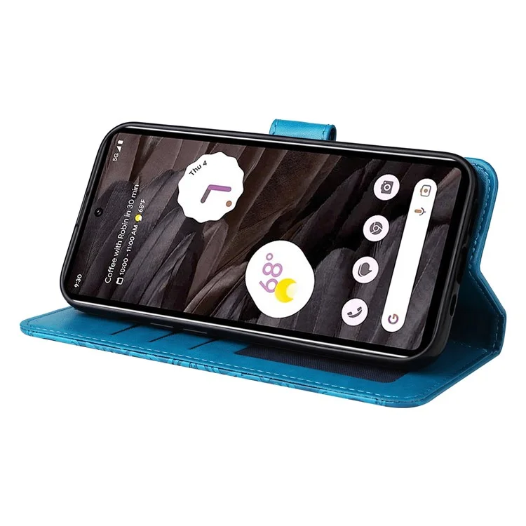 For Google Pixel 7a PU Leather Phone Case Imprinted Sunflower Flip Stand Wallet Cover - Blue