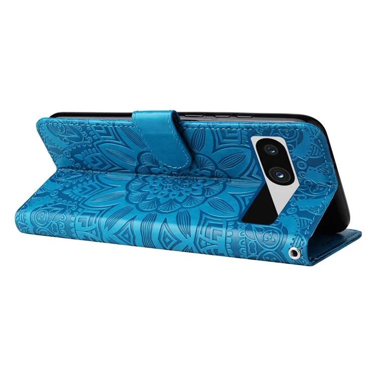 For Google Pixel 7a PU Leather Phone Case Imprinted Sunflower Flip Stand Wallet Cover - Blue